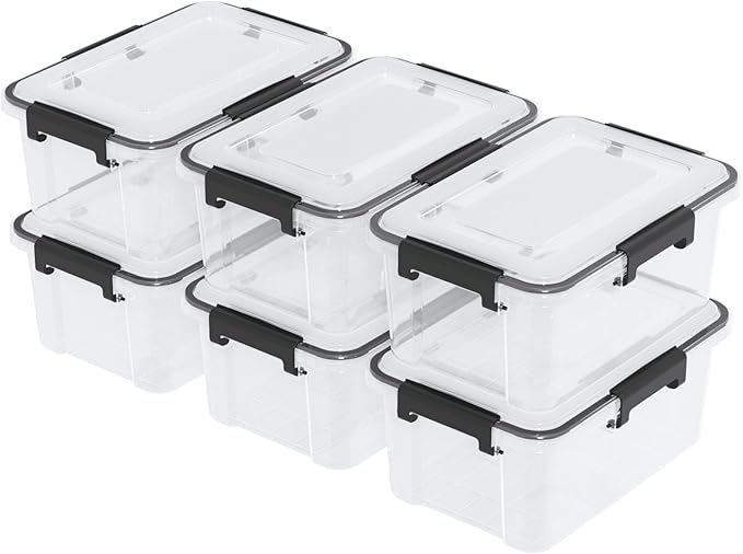 6 Packs 12 Quart WeatherPro Plastic Storage Bins with Lids Stackable Gasket Box with Tight Seal