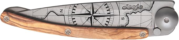 deejo - 37G Folding Pocket Knife with Belt Clip - Terra Incognita Design 3.7-Inch Stainless Steel Blade Olive Wood Handle - Lightweight Everyday Carry for Home Work and Outdoor Use