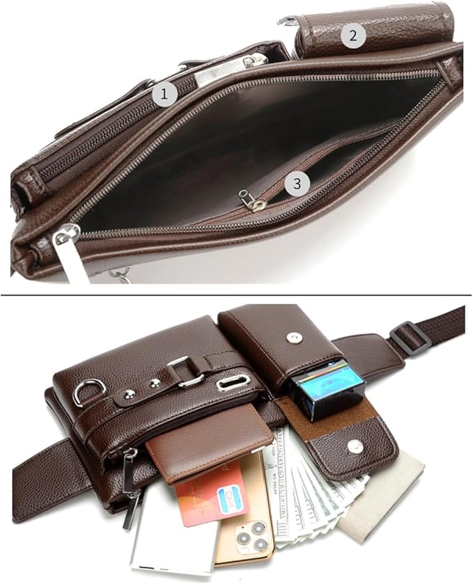 Mens Crossbody Bag Brown Leather Lightweight Anti-Theft Slim Chest Sling Pack with Adjustable Strap for Travel Gym Running Hiking Everyday Carry Essentials