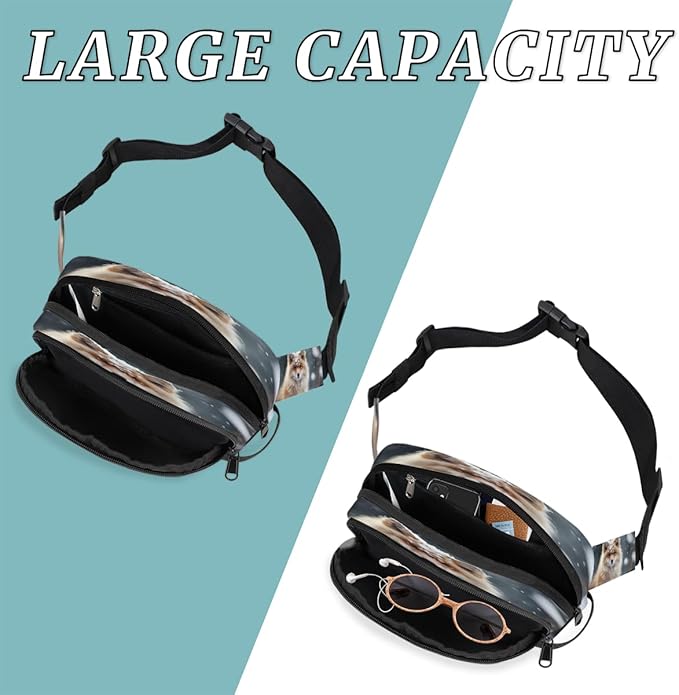 Cute Fox Snow Waterproof Fanny Pack for Women Men Adjustable Waist Bag with Double Zipper Pockets Lightweight Square Hip Pack for Running Travel Hiking Workout Cycling