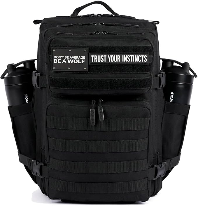 WOLFpak 35L Tactical Gym Backpack (Alpha Black) Durable 1000D Waterproof Oxford Material with MOLLE Webbing Laptop Pocket &amp Dual Cup Holders Durable Fitness/Travel/Military Daypack
