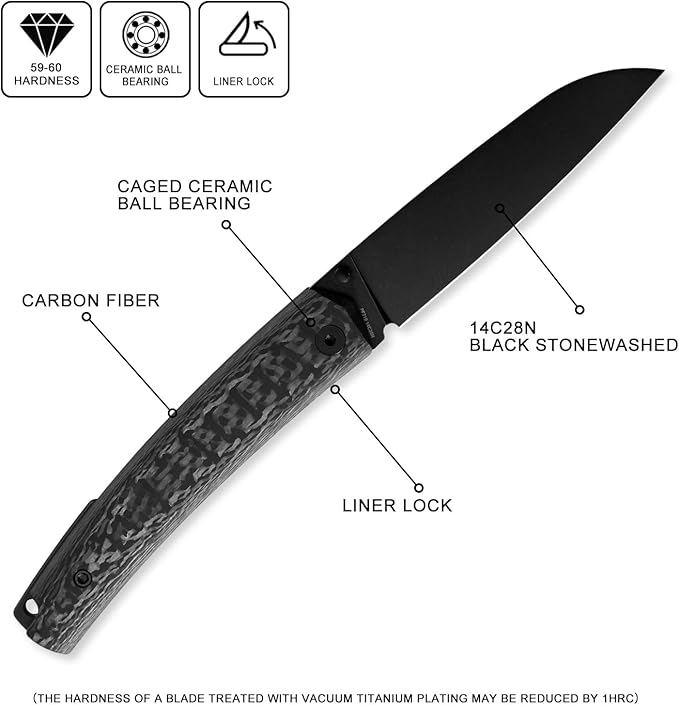 Petrified fish PF719 Folding Knife3.38 14C28N Steel Black Stonewashed Blade Carbon Fiber Handle Thumb Stud Liner lock Pocket knife (Carbon Fiber Black Stonewashed)