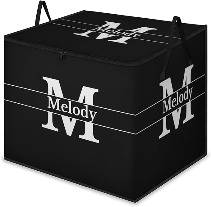Custom Name Storage Bin with Lid Personalized Extra Large Black Storage Basket with Handles Zippers for Organizing Comforters Blankets Bedding Closet Shelf Baskets Initial Letter