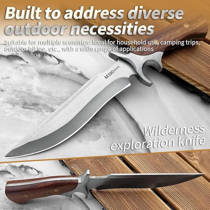 12.2 Fixed Blade Outdoor Knife 9Cr18 Stainless Steel Hunting Knife with Damascus Pattern Ergonomic Wood Handle &amp Embossed Leather Sheath Survival Utility Tool for Camping Hiking &amp Fishing