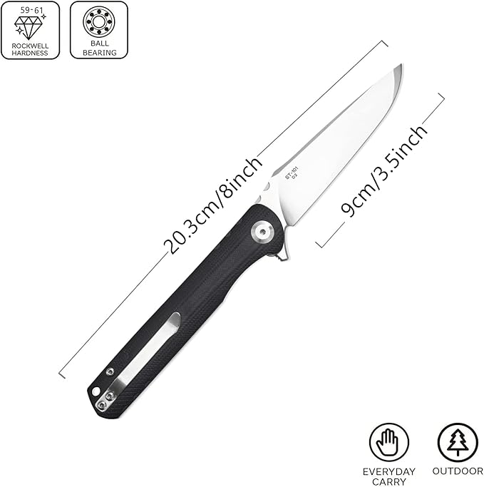 Sitivien ST101 Folding Knife D2 Steel Blade+G10 Handle Tool Knife EDC Pocket Knife for Outdoor Camping Hunting Survival (Black)
