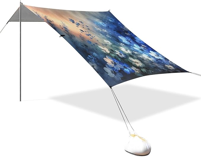 Abstract Blue Flowers Beach Tent Sun Shelter Set UPF50+ UV Protection 10.5 x 9.19 FT Camping Shade Canopy with Sandbags Sand Anchors Carrying Bag and Others