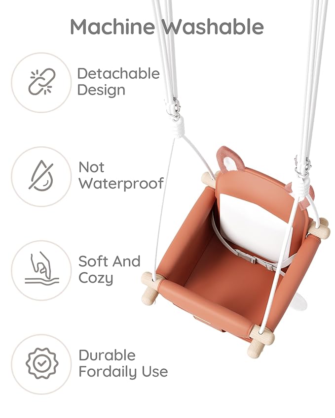 Wooden Baby Swing with Soft Safety Belt Cozy Infant Swing Seat for Indoor &amp Outdoor Use Adjustable Height Includes Mounting Hardware – Suitable for Babies &amp Toddlers（Fox-Themed in Red）