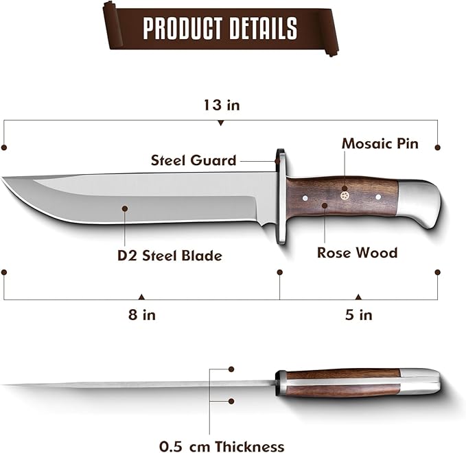 D2 Handmade 13 Inches Bowie Knife Full Tang Fixed Blade Knife with Sheath Hunting Knife with Along Wood Handle Ideal for Camping Hiking Survival And Bushcraft