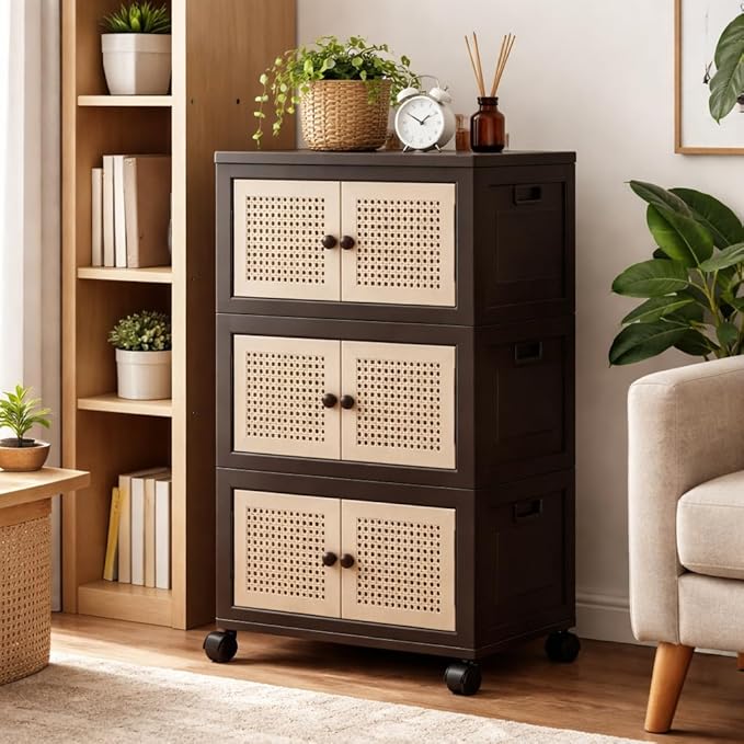 CXCJAI Foldable Plastic Storage Cabinet with Wheels Rattan-Style Doors Stackable Organizer with Magnetic DoorsStorage Boxes for Living Room Bedroom Office 3-Tier
