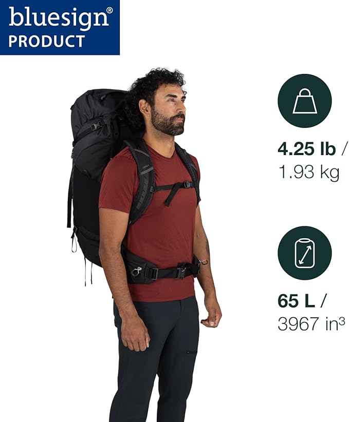 Osprey Kestrel LT 65L Men's Backpacking Backpack - Lightweight Hiking &amp Camping Bag with Waterproof Raincover Black