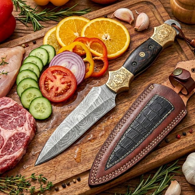 Dessi Damascus Steel Fixed Blade Knife Handmade Hunting Camping Hiking Hand Engraved Copper Bolsters Wenge Wood Handle Leather Sheath SM11