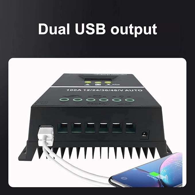 100A MPPT Solar Charge Controller Solar Panel Regulator 12V/24V/36V/48V Dual USB Ports Overload Temp Protection with 7 Work Modes for Gel Flooded LifePO4 Battery Charging