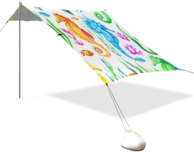 Beach Canopy with Windproof Ropes &amp Sandbags Beach Tent Sun Shade Sun Shelter for Camping Trips Fishing Backyard Fun or Picnics Seahorses