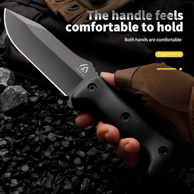 Tactical Fixed Blade Hunting Knife Black Fiber Handle 6.3-Inch Blade with Leather Sheath Moisture-Proof Non-Slip Grip 11.8-Inch Full LengthGifts for Father and Boyfriend Hand Tools Durable and