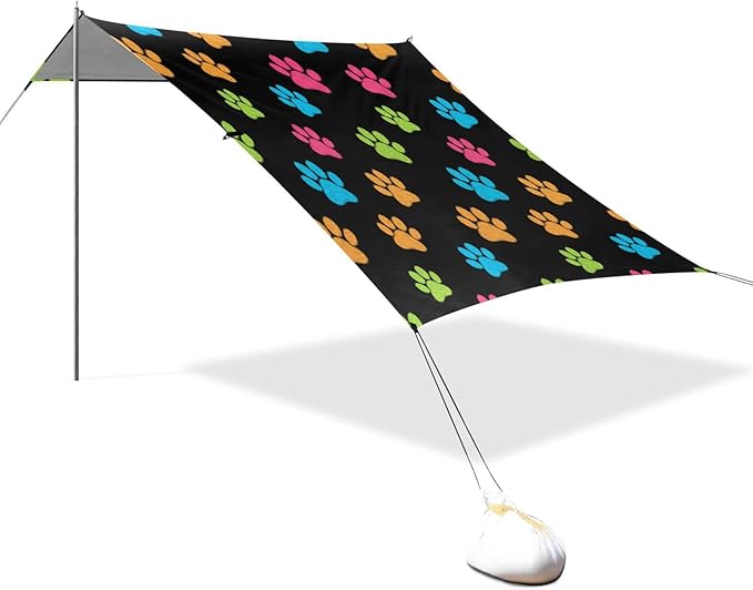 xigua Paw Print Beach Tent Sun Shelter with Carrying Bag - Silver Coated Oxford Fabric Beach Canopy for Beach Camping Fishing - Includes Windproof Ropes Sandbags &amp Stakes