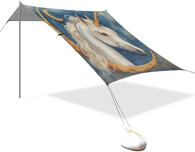 ALAZA Beauty White Unicorn Moon Beach Tent Sun Shelter Portable Canopy Sunshade for Outdoor Camping Picnics Backyard Fun 10x9 ft