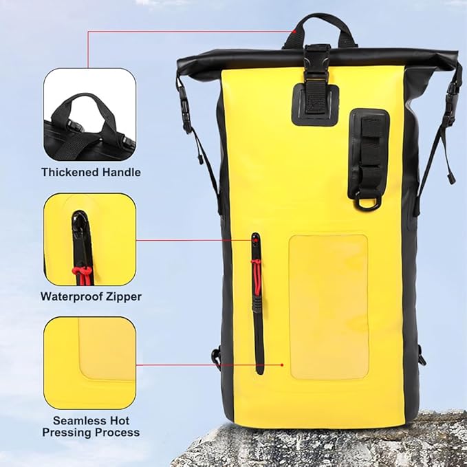 Waterproof Backpack Roll-Top Dry Bag Waterproof Backpack Heavy Duty Roll-Top Closure Swim Bag with Front-Zipper Pocket