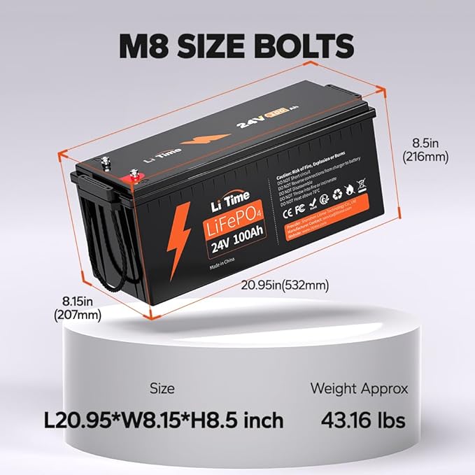 LiTime 24V 100Ah LiFePO4 Lithium Battery with 29.2V 40A LiFePO4 Battery Charger Built-in 100A BMS Up to 15000 Cycles Max. 2560W Load Power for RV/Camper Solar Trolling Motor Marine Off-Grid