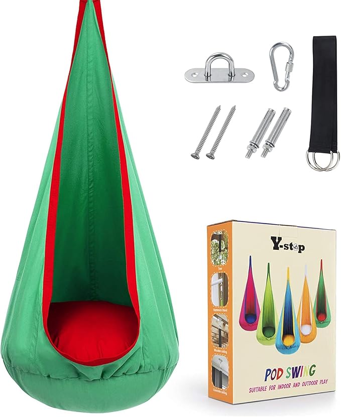 Y- STOP Kids Pod Swing Chair Hammock Chair Swing with Inflatable Pillow Sensory Swing with Pocket for Outdoor and Indoor Max 176Lbs(Green and Red)