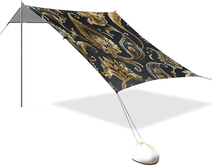 ALAZA Gold Paisley Beach Tent Sun Shelter UPF50+ Protection Beach Shade Canopy w/ 4 Sandbags for Outdoor Camping Fishing Backyard Fun Picnic 10x9 ft