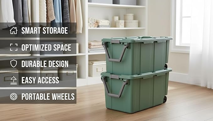 40 Gallon Light Green Rolling Industrial Storage Bins 2-Pack Heavy-Duty Plastic with Leakproof Lid &amp Latches Stackable for Garage Warehouse Equipment Transport