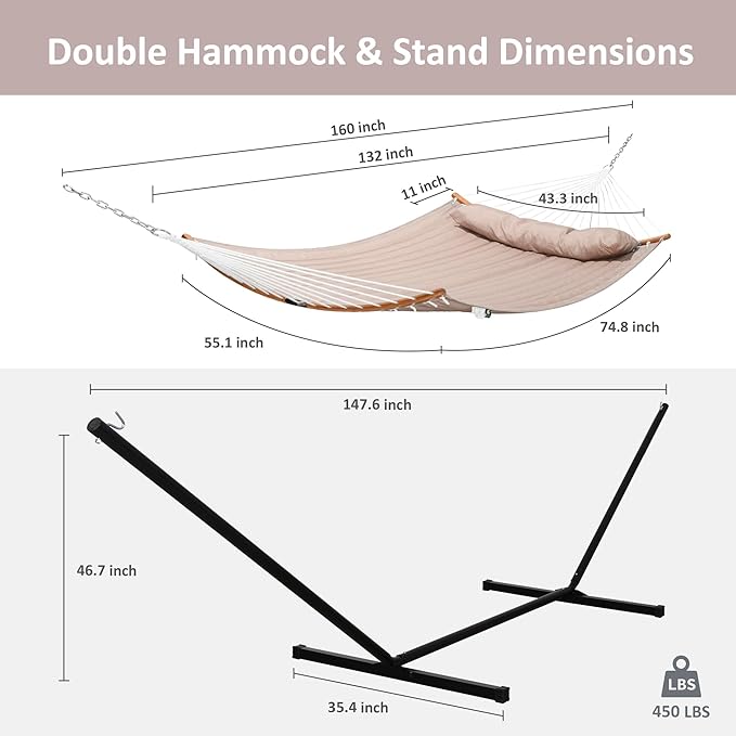 SUNCREAT 55 Inch Large Double Hammock with Stand 450lbs Capacity Outdoor Portable Hammock with Curved Spreader Bar Extra Large Pillow Tan