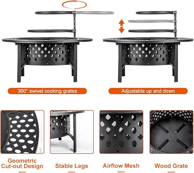 OutVue 36 Inch Fire Pit with 2 Grills Wood Burning Fire Pits for Outside with Lid Poker and Round Waterproof Cover BBQ&amp Outdoor Firepit &amp Round Metal Table 3 in 1 for Patio Picnic Party
