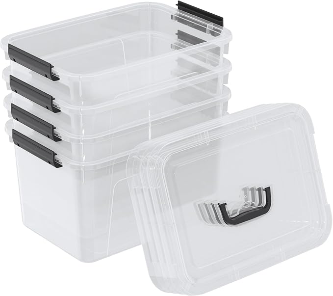 20 Quarts Stackable Plastic Storage Latches Box with Lid Clear Latching Storage Bin with Handle 4 Packs
