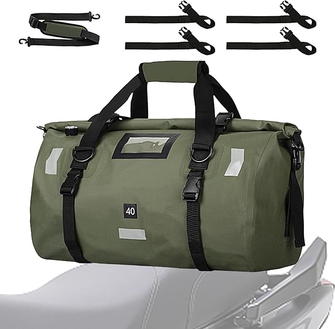 40L Waterproof Duffel Bag Motorcycle Dry Bags Large Heavy Duty Camping | Back Seat Roll Top Luggage Tail with Reflective Strips Backpack for Kayaking Rafting Boating Camping Travel