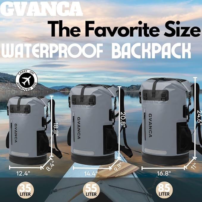 Waterproof Roll Top Kayak Dry Backpack Floating Outdoor Dry Sack Boating Sailing Canoeing Rafting Fishing Camping 55L Grey