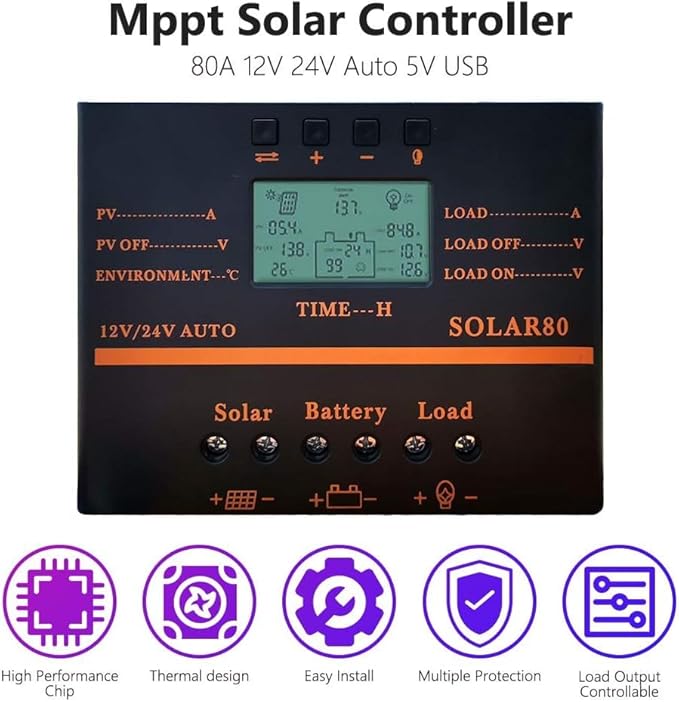 Solar Controller 80A 12V / 24V Battery Charge Regulator Auto 960W / 1920W with LCD Display Mobile Power Supply Charger 5V USB Enhanced Heat Sink (80A)