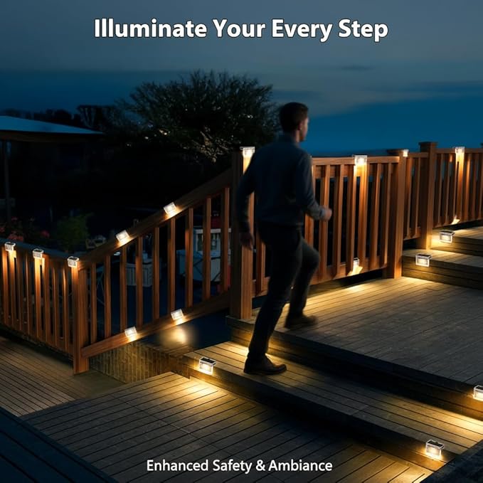 TIJNN Solar Deck Lights Outdoor Waterproof (6 Pack) – LED Solar Fence Lighting for Steps Stairs Railing Patio &amp Backyard – Wireless Auto Dusk to Dawn Warm White Decor