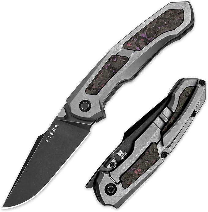 Kizer Feweed Pocket Knife 2.98 S35VN Clip Point Blade Folding Knife with Titanium &amp Fat Carbon Purple Haze Handle Front Flipper &amp Thumb Stud Opener EDC Knives for Camping Hiking KI3694A1