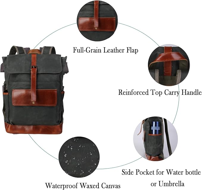 Heavy-Duty Wax Canvas with Top Layer Cowhide Retro Backpack Suitable for Men and Women'S Leisure/Hiking/Traveling/College Canvas Backpack(8431-Army Green)