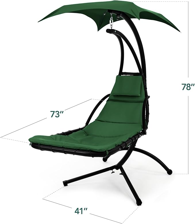 Best Choice Products Hanging LED-Lit Curved Chaise Lounge Chair Swing for Backyard Patio Lawn w/ 3 Light Settings Weather-Resistant Pillow Removable Canopy Shade Steel Stand - Green