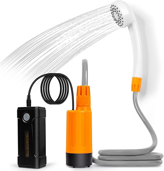 portable outdoor shower battery driven shower pump LED lighting portable shower pump draws water from a bucket into a stable and gentle shower flowused for beachescampinggardenshiking
