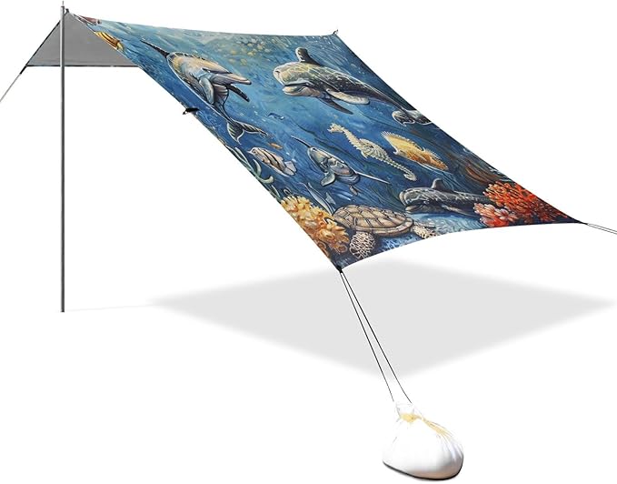 ALAZA Marine Dolphins Fish Seahorse Turtles Beach Tent Sun Shelter Portable Canopy Sunshade for Outdoor Camping Picnics Backyard Fun 10x9 ft