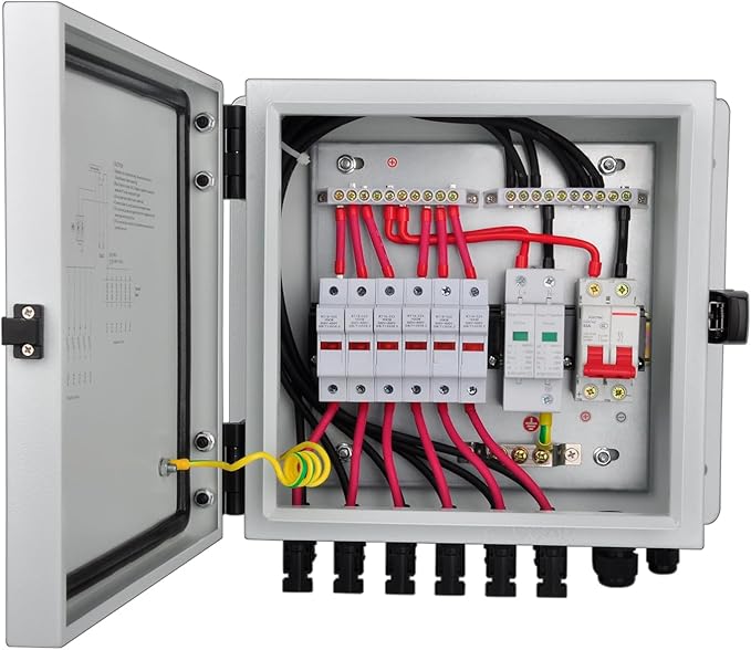 PV Combiner Box 6 String Solar Combiner Box with 15A Rated Current Fuse Surge Protective Device and 63A Air Circuit Breaker for On/Off Grid Solar Panel System Pre-Wired Cable Metal Box