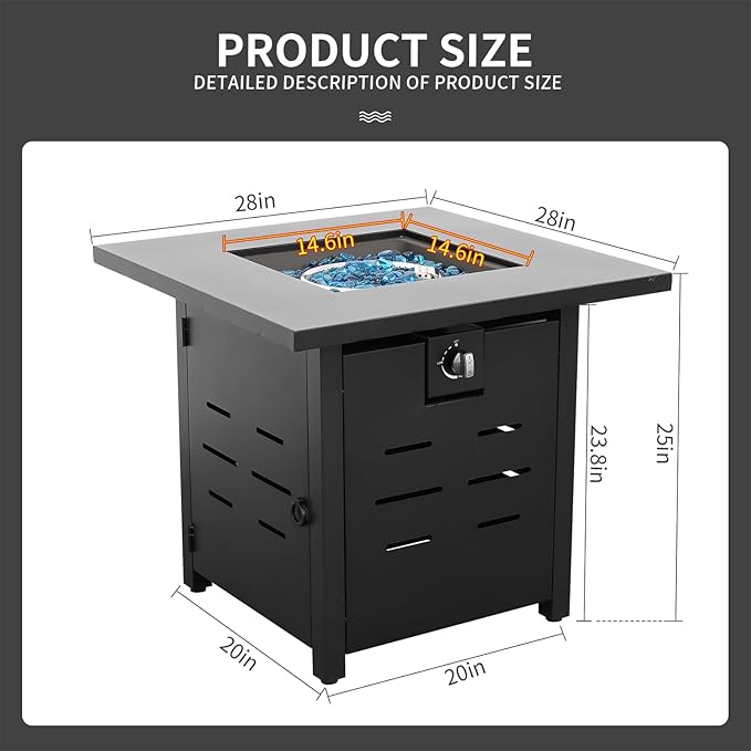 Outdoor Propane Fire Pit 28 Inch Patio Firepit Table with Fire Glass for Outside Parties and Gatherings on Garden Backyard Porch