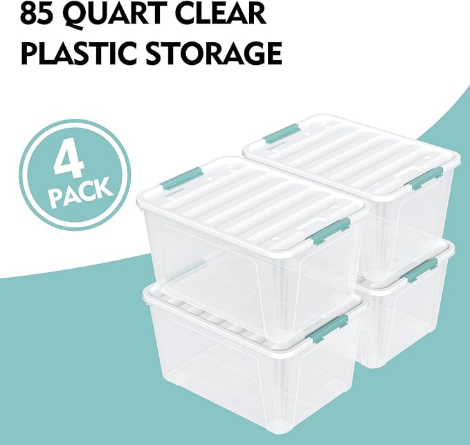 4-Pack 85 Quart Plastic Storage Bin Stackable and Nestable Storage Boxes with White Lids and Secure Latching Buckles Large Storage Container