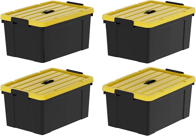 95Qt*4 Durabilt Flip Lid Stackable Heavy Duty Tough Storage Container Tote Plastic Storage Bins Storage Box Black Base with Yellow Lid (4 Pack)