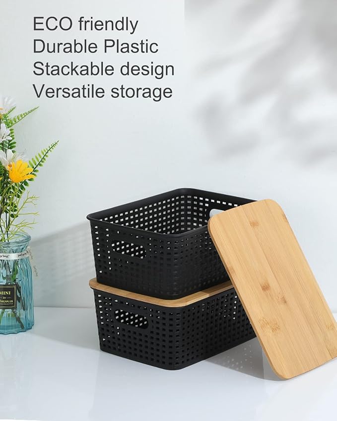 AREYZIN Storage Bins with Bamboo Lids Set of 6 Lidded Storage Container Plastic Baskets Organizer Bins for Organizing Kithen Room Bedroom Office Closet Sturdy(Black)