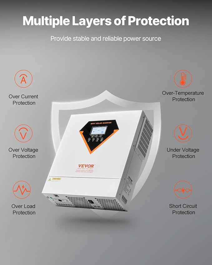 VEVOR Hybrid Solar Inverter 3500W Single Phase Pure Sine Wave Power Inverter 24V DC to 220/230V AC with Built-in 100A MPPT Solar Charge Controller for Off-Grid System Lead Acid Lithium Battery