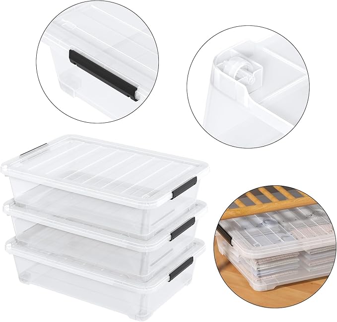 40 Quarts Clear Stackable Underbed Box Shallow Underbed Bins with Wheels Set of 3