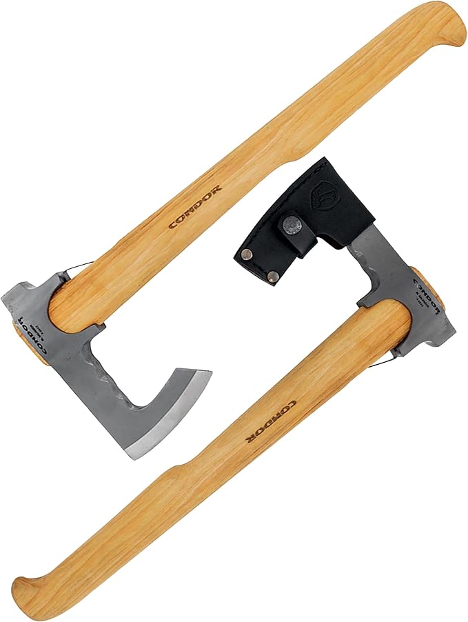 Condor Tool &amp Knife TravelHawk Axe - Handcrafted Leather Sheath - 1060 High Carbon Steel Camping Axe with a Light Wooden Hickory Handle - 6.6in Blade - 30.3oz