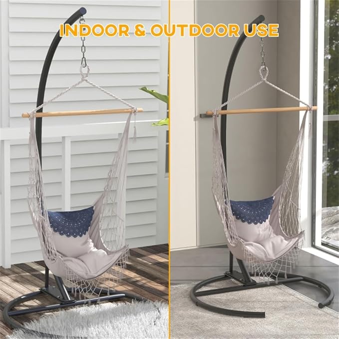 Heavy-Duty Powder-Coated Steel Hammock Chair Stand with Round Base for Indoor and Outdoor Use Stable C-Frame Design for Hanging Chairs and Porch Swings
