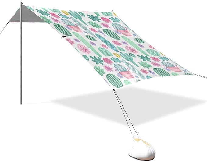 Beach Canopy with Windproof Ropes &amp Sandbags Beach Tent Sun Shade Sun Shelter for Camping Trips Fishing Backyard Fun or Picnics Cactus