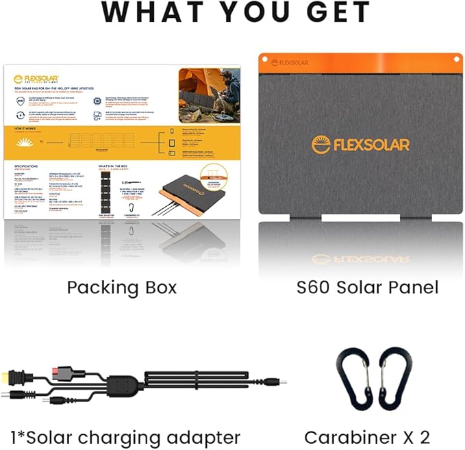 FlexSolar 60W Portable Solar Panels Chargers with PD3.0 USB-CQC3.0 USB-A and DC Outputs Foldable IP67 Waterproof Power Emergency Camping for Small Power Station GeneratorPhones Power Banks Tablets
