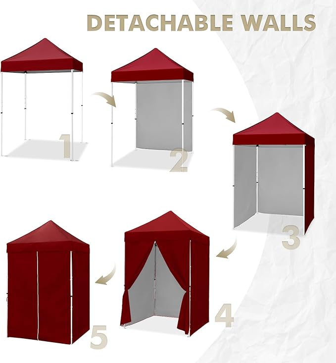 EAGLE PEAK 5x5 Instant Canopy with 4-Side Wall Panels Small Pop up Portable Canopy Tent with Carry Bag Light Weight Sun Shelter for Sports Camping and Beach Burgundy
