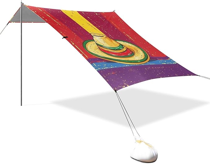 Mexican Style Cinco De Mayo Chili Beach Cabana Tent UPF50+ Protection Water-Resistant Large Portable Sun Shelter with Sturdy Poles Sandbags and Shovel for Family Trips Picnics &amp Camping